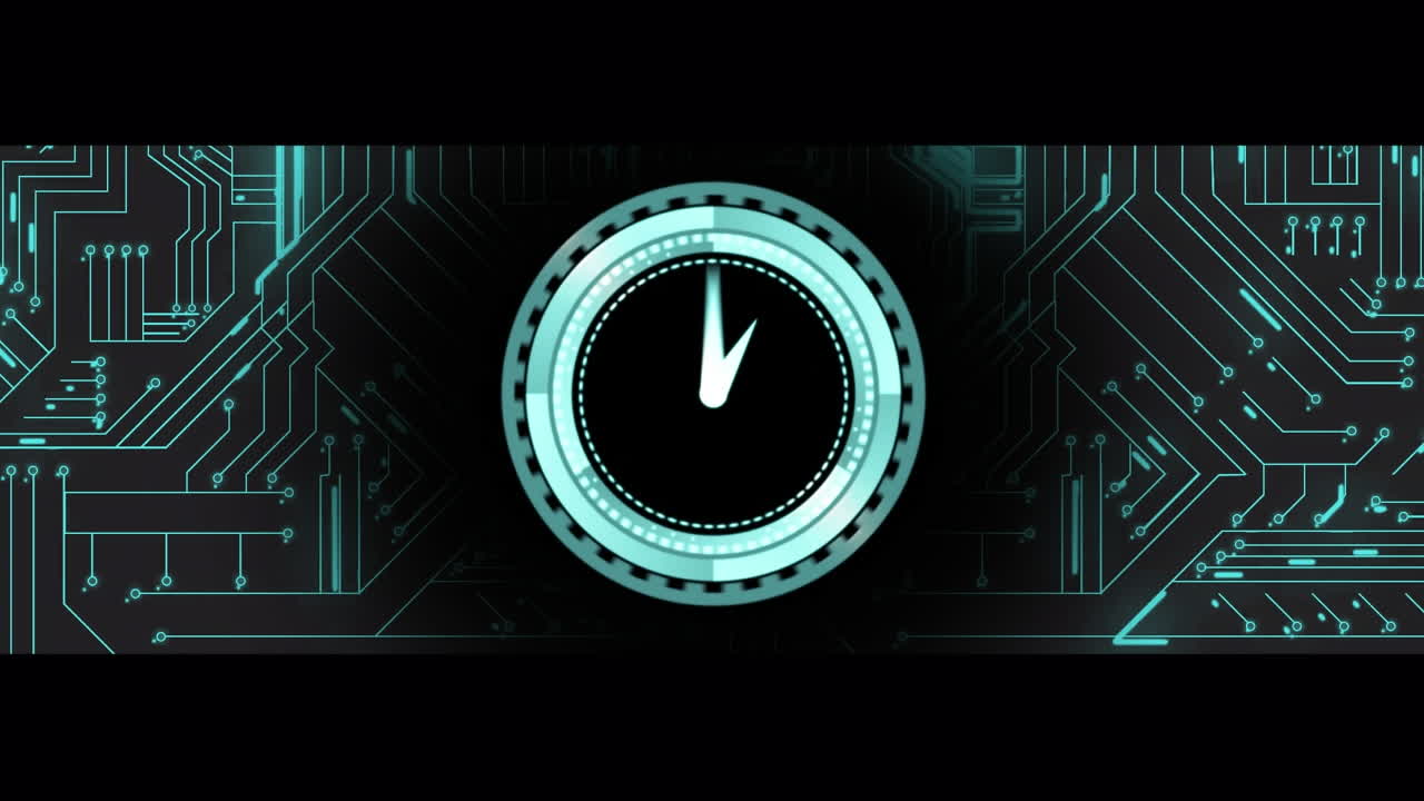 Animation of clock ticking and data processing over circuit board