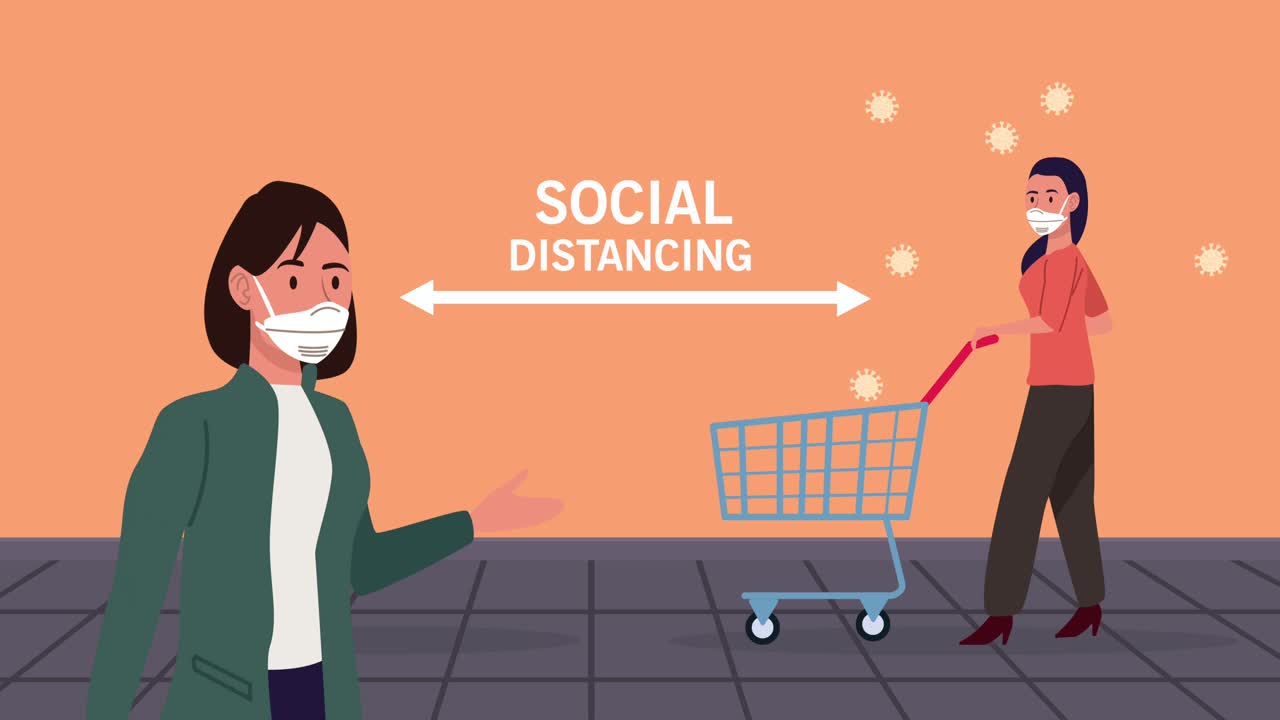 슈퍼마켓에서 사회적 거리를 지키는 의료 마스크를 착용하는 여성