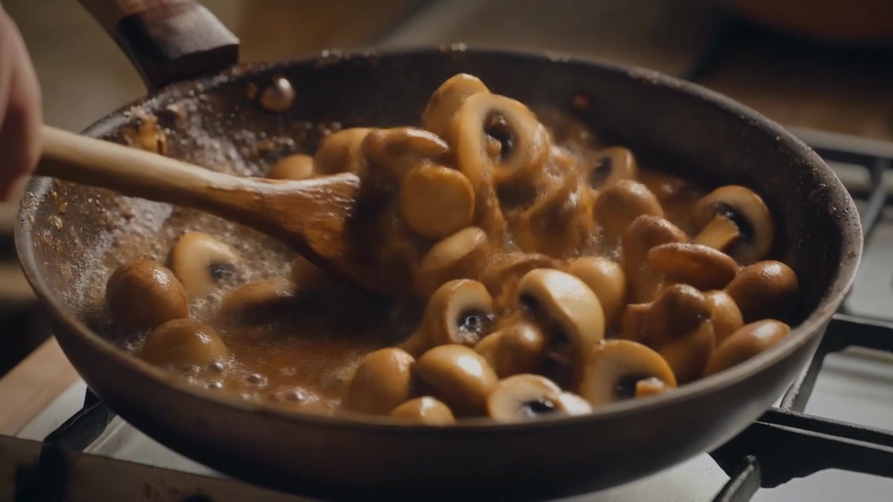 Chef che mescola funghi saltati in padella