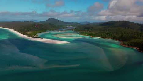 north end hill inlet lookout white sandbar aerial drone whitsundays qld australia sunny cloudy windy shade sun whitehaven beach great barrier reef island port airlie clear blue ocean circle right