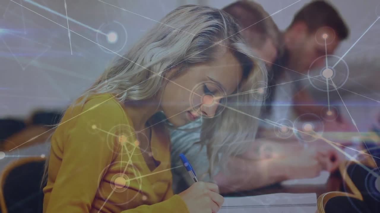 animación de la red de conexiones y senderos de luz sobre diversos estudiantes