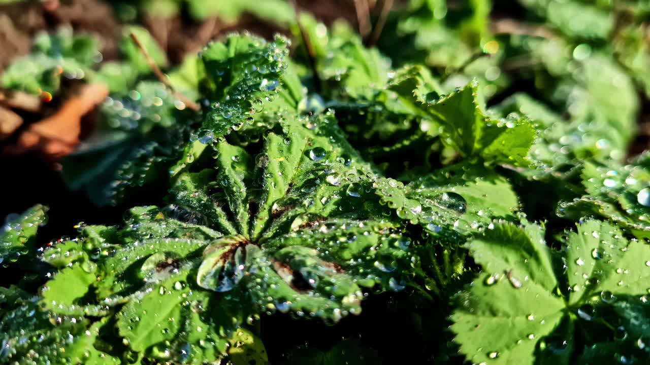 Close-up of fresh green Lady's Mantle leaves covered in sparkling morning dew