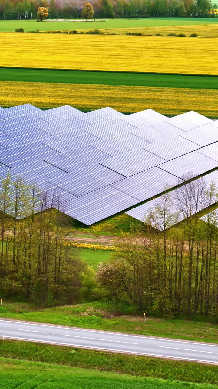Green energy from solar panel field and yellow field of rapeseed, aerial view
