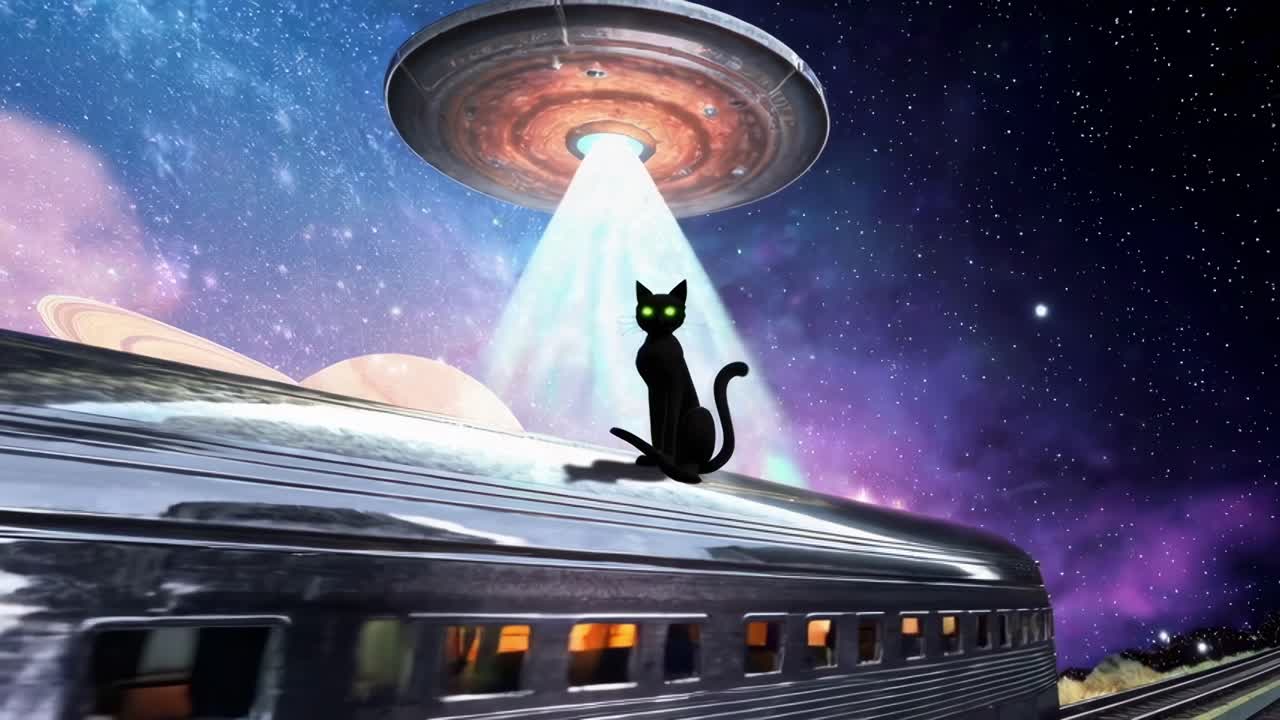 A surreal video scene with a black cat on a train roof, illuminated by a UFO beam