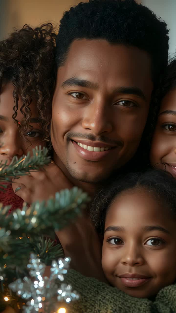 Vertical video: Father sending Christmas greeting at home, daughters in sweaters hugging under tree