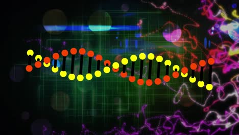 Digitale-Animation-Einer-DNA-Struktur,-Die-Sich-über-Digitale-Wellen-Und-Lichtspuren-Auf-Grünem-Hintergrund-Dreht