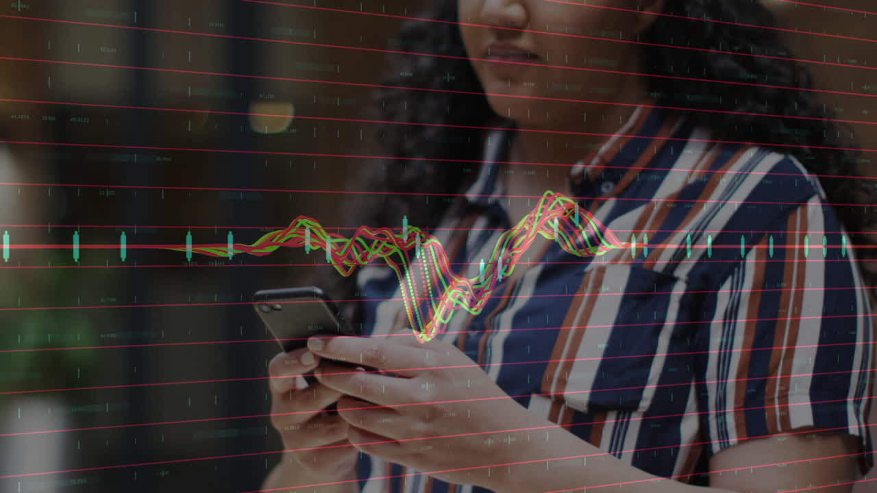 Using smartphone, woman analyzing financial graph animation in office setting