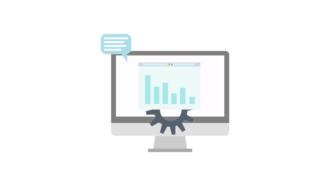 Animated Desktop Computer Displaying Data with Speech Bubble and Gear Icons