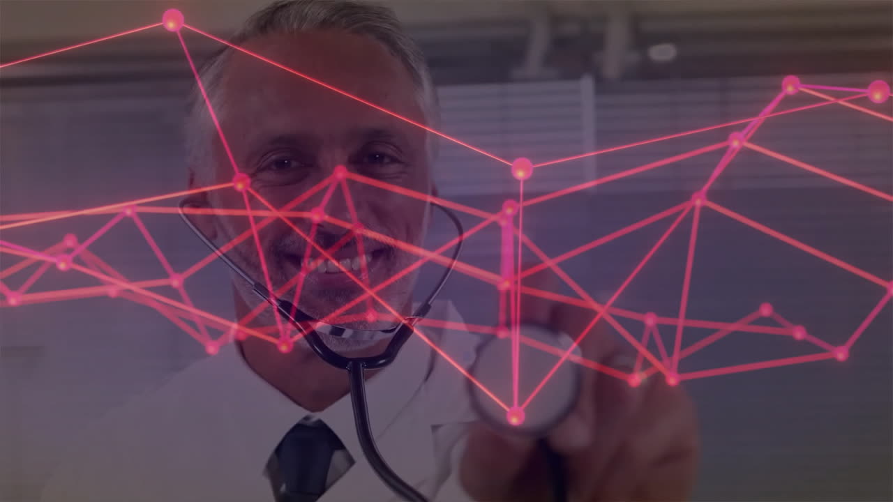 Doctor holding stethoscope toward camera in clinic office, featuring digital health network overlay