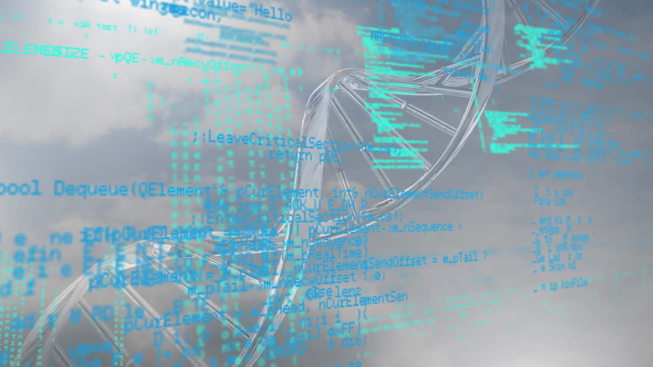Animation of data processing over wind turbine and dna strand
