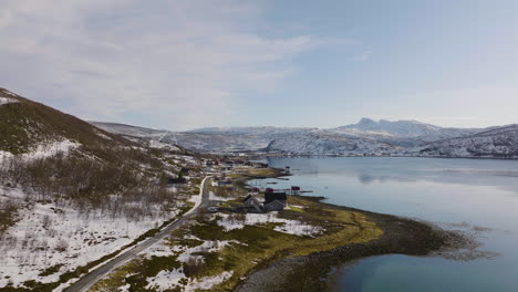 aerial view of scenic ocean drive in daafjord, ringvassoya, norway