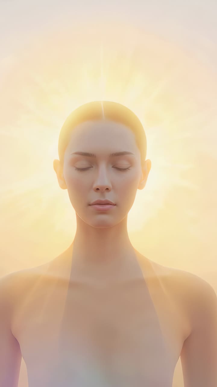 Vertical video: Breathing female model posing in studio as halo shifts, bare shoulders