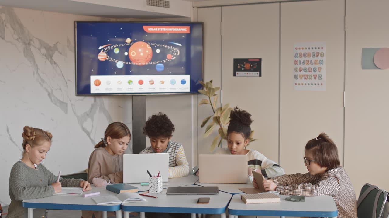 Multiethnic Schoolkids with Laptops at Science Class
