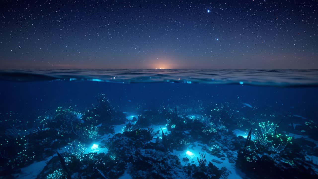 A Stunning Contrast of Water and Sky: The Mystical Beauty of Bioluminescent Coral Reefs Under a Starry Night Sky at Dusk