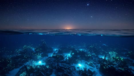 a stunning contrast of water and sky: the mystical beauty of bioluminescent coral reefs under a starry night sky at dusk