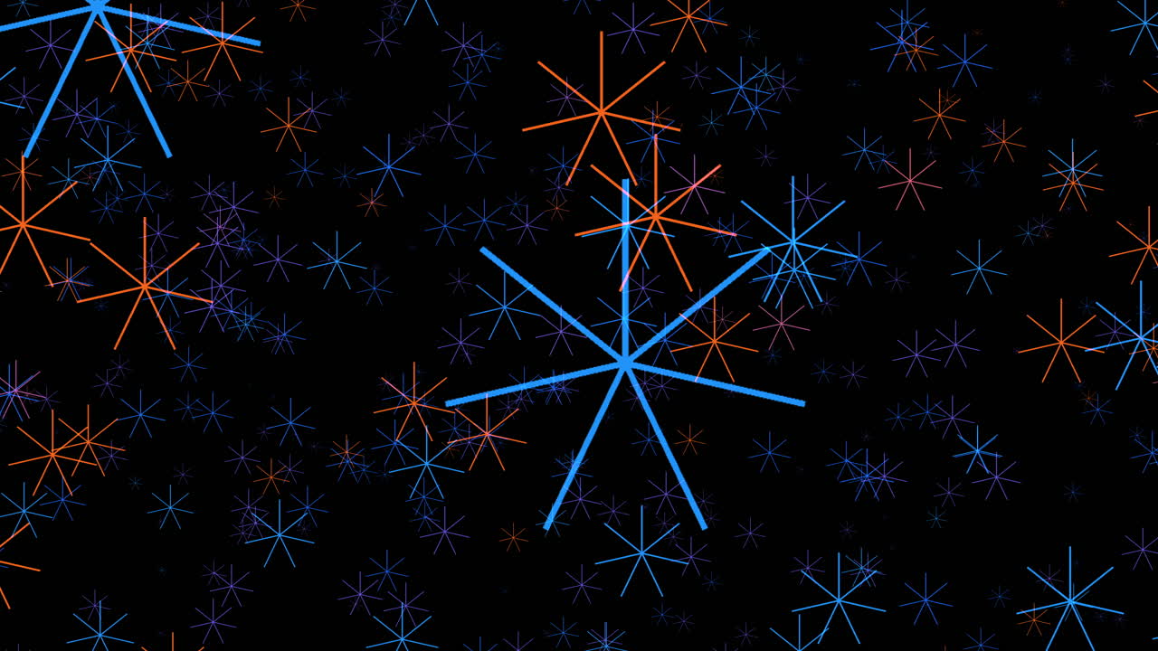 Whimsical falling particles shaped like geometric stars in orange and blue. A creative background for festive themes, stylized winter scenes, or artistic motion design