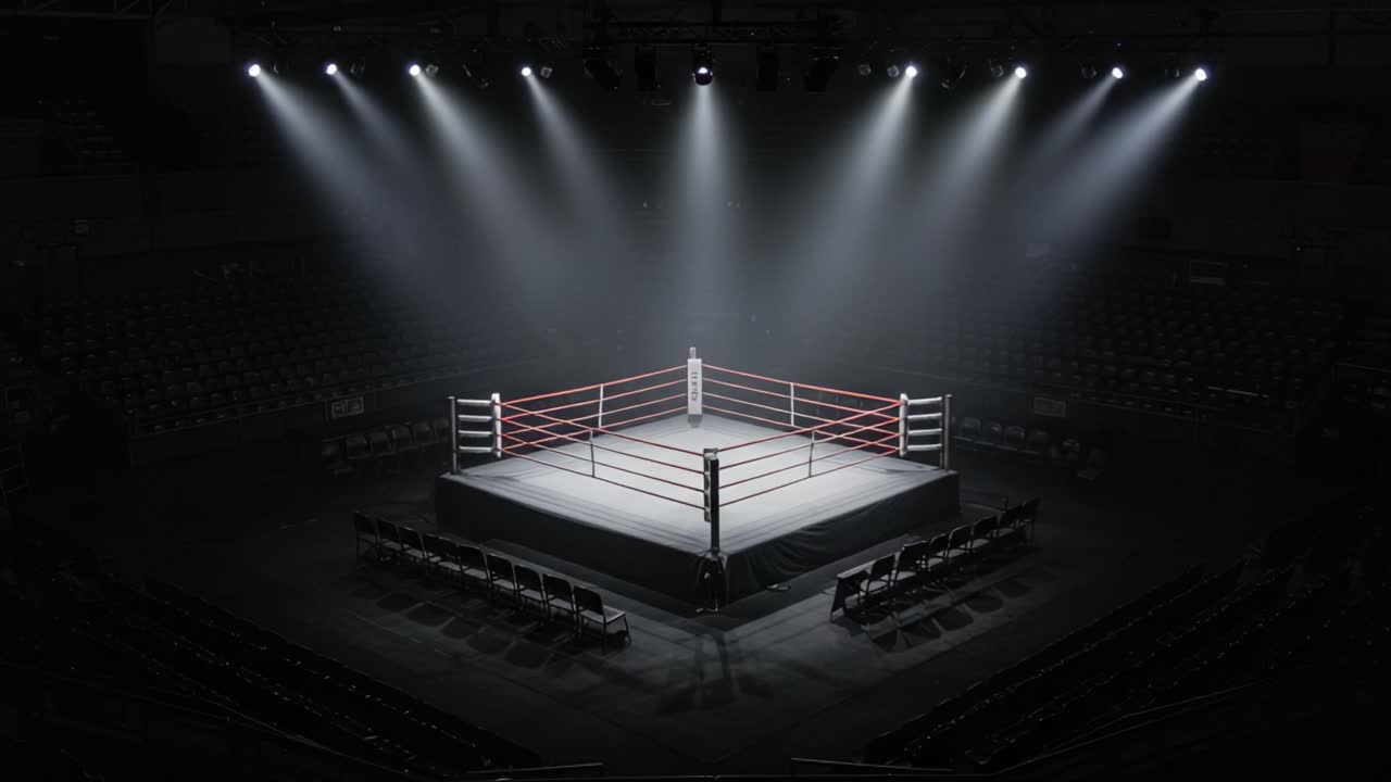 An Intense Boxing Ring Illuminated by Spotlights: A Dramatic Setting for High-Stakes Fights with Empty Seats Awaiting Spectators