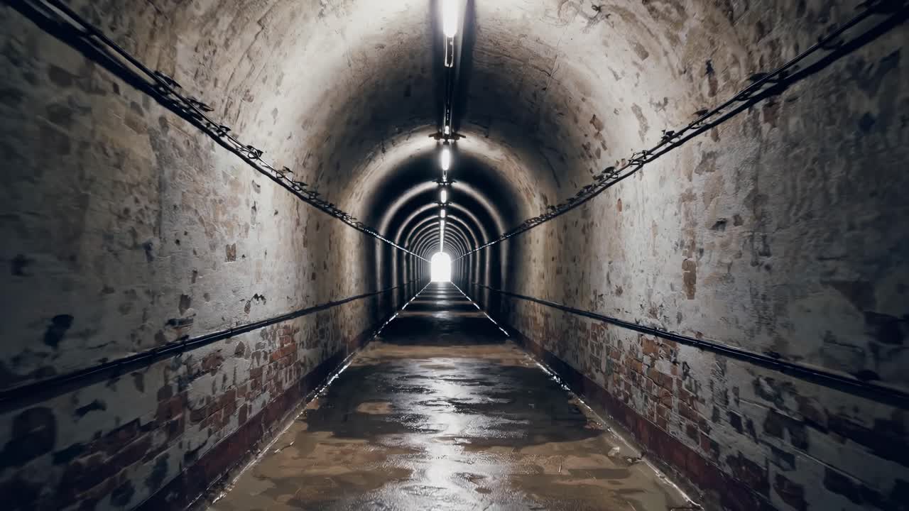Um túnel estreito e mal iluminado com paredes de tijolos expostos e luzes suspensas, capturado de um ângulo baixo