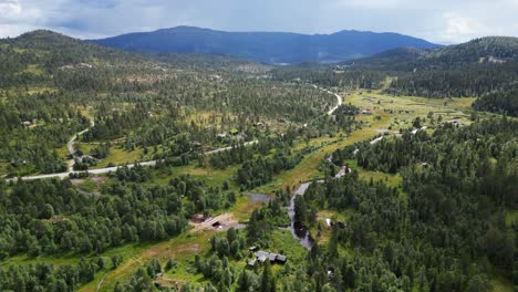 Green-Nature-Valley-near-Rauland-Ski-Resort-in-Vestfold-of-Telemark,-Norway---Aerial-4k