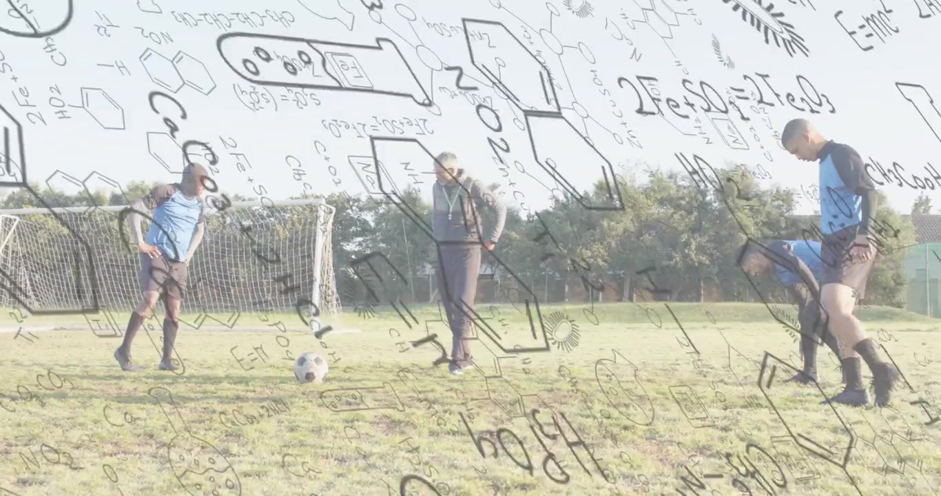 Coach tapping ball, players practicing soccer passing technique on pitch with trajectory overlay