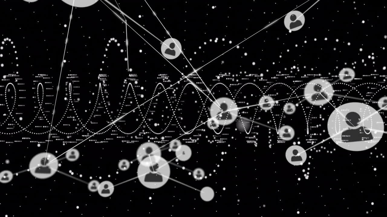 Animation of network of connections with people icons over black background