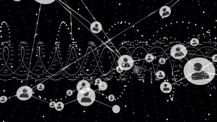 Animation of network of connections with people icons over black background