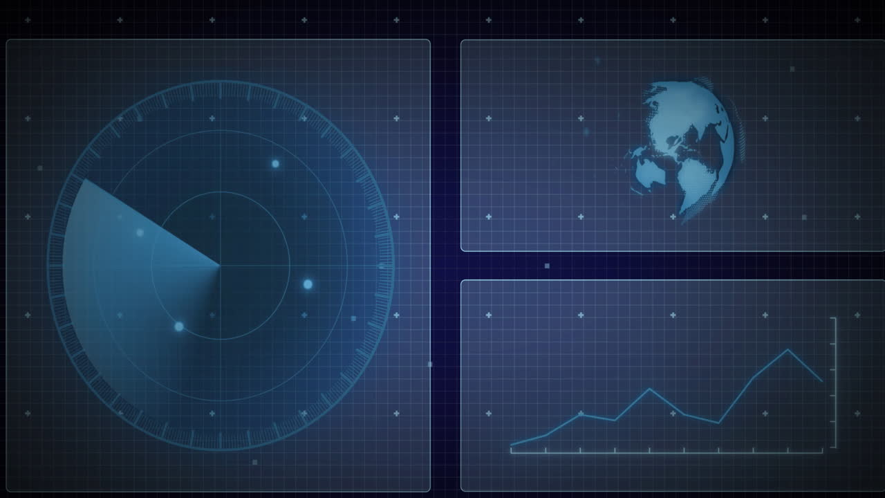 Animation of interface with round scanner, spinning globe and data processing on blue background