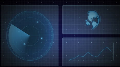 Animation of interface with round scanner, spinning globe and data processing on blue background