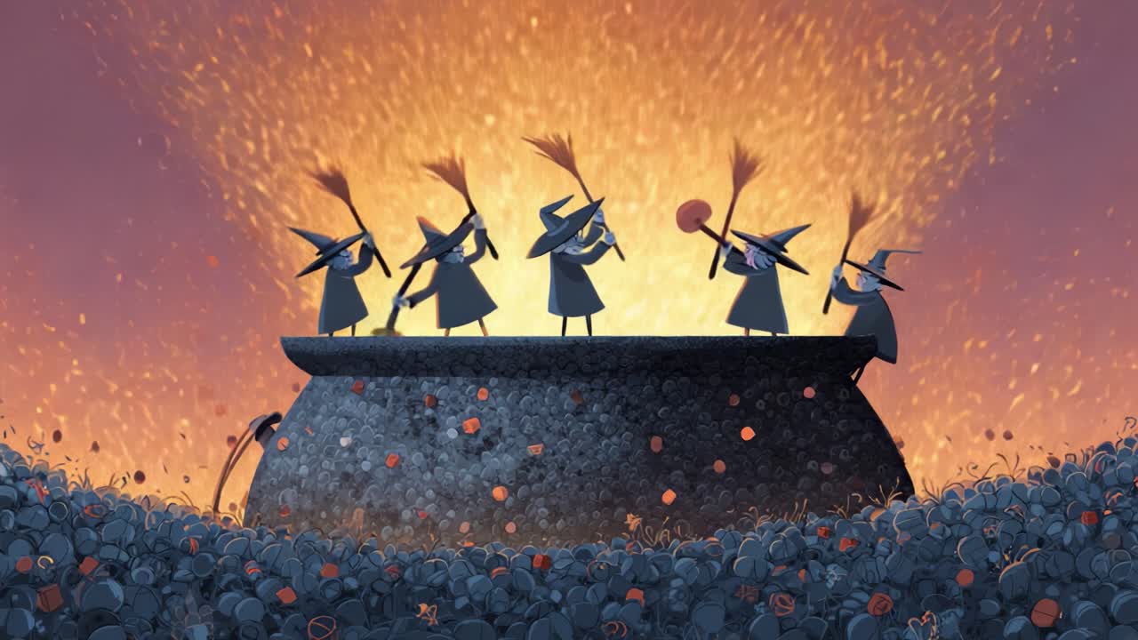 A Captivating Scene of Enchanting Performers Around a Boiling Cauldron, Creating Magical Sparks and Melodies with Their Instruments in a Vibrant Fantasy Setting
