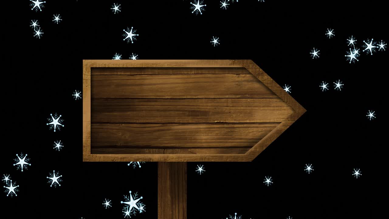 눈이 내리는 위에 복사 공간과 함께 나무 표지판의 애니메이션