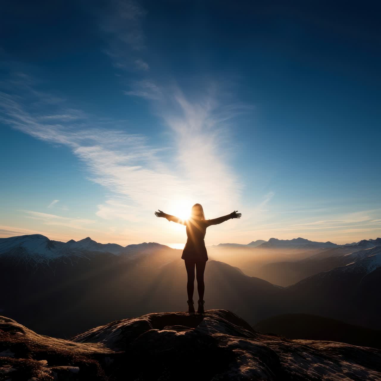 Silhouette of a person with arms outstretched on a mountain peak at sunrise, captured from a low