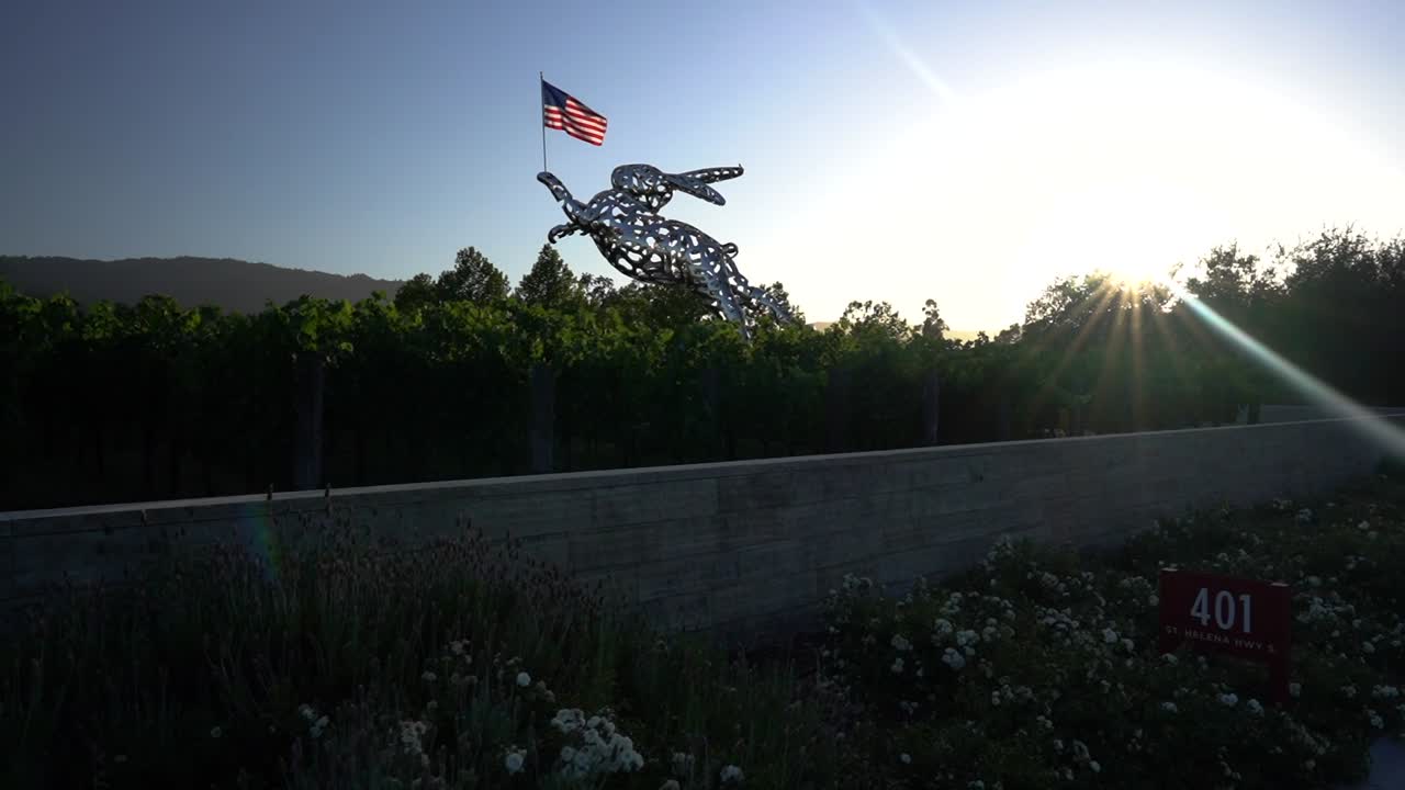 미국 국기와 포도원이 있는 강철 토끼 foo foo의 전방 기울기