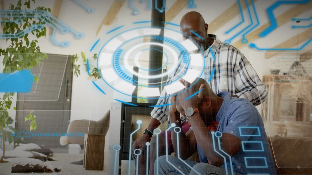 Seated man holding head, leading dad leaning over, consoling with rotating tech holo UI over faces