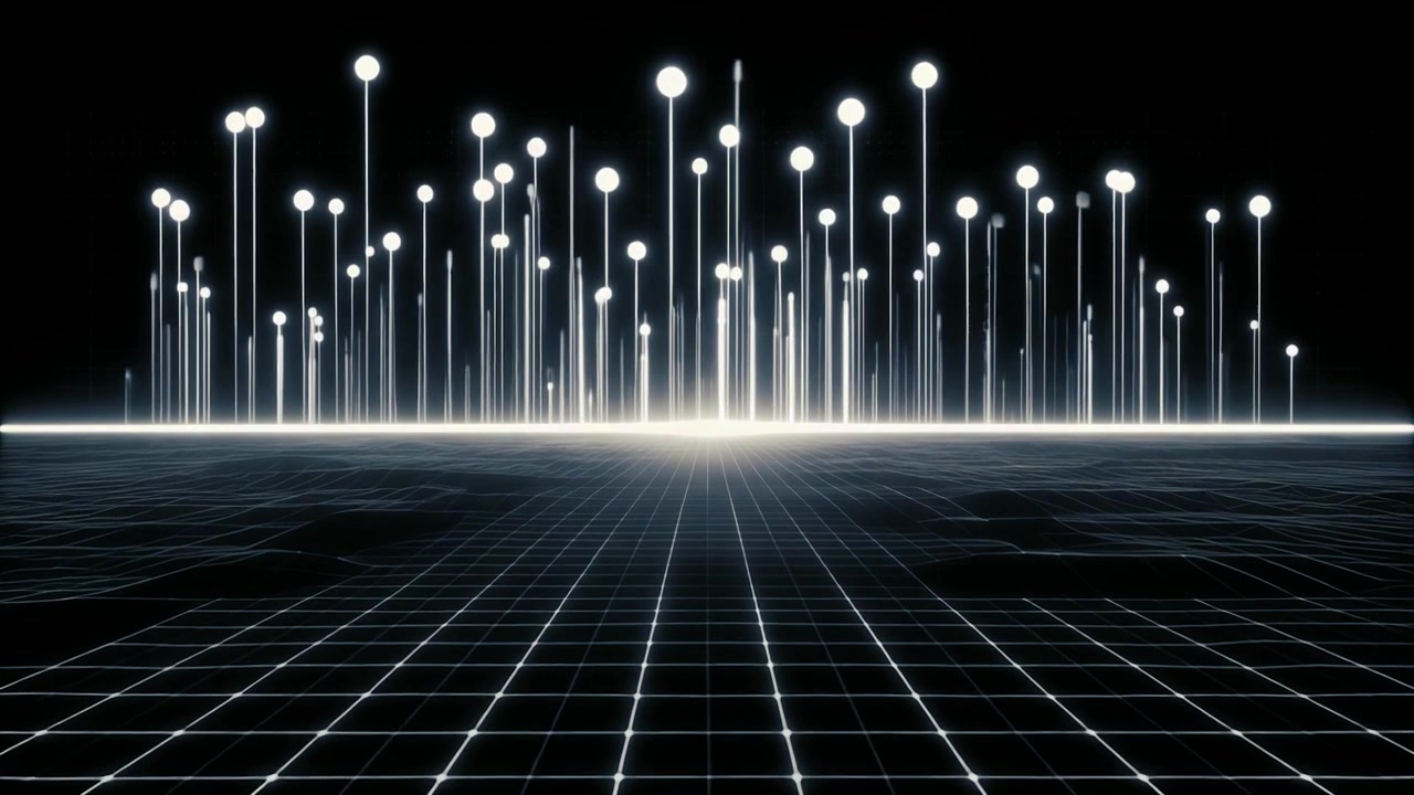 Abstract Digital Grid with Glowing Data Points and Light Beams