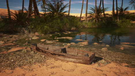un barco de madera en la orilla de un oasis en el desierto