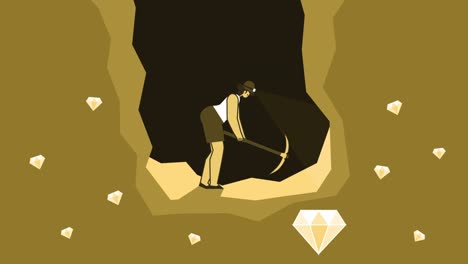 yellow style woman flat character mining gems in cave. isolated loop animation