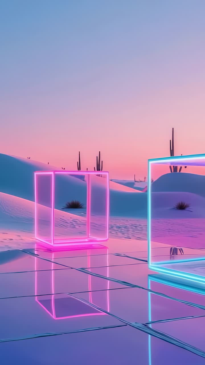 Vertical video: Panning camera capturing neon pink and cyan cubes drifting on platform, copy space