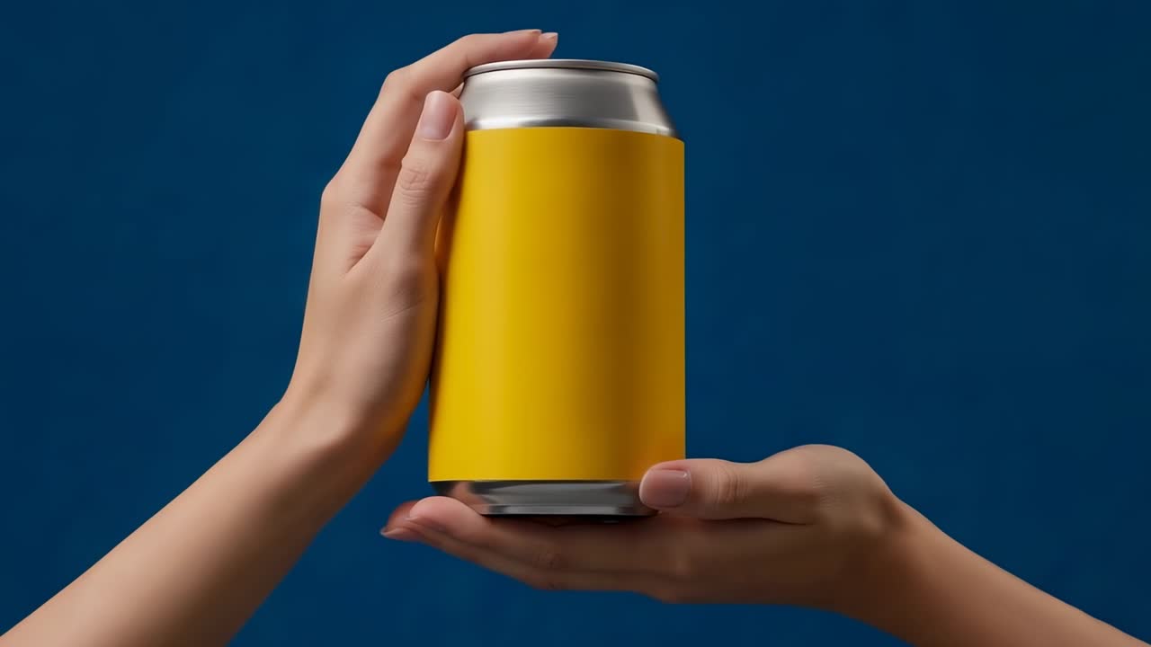 Entering frame hand supporting can while other hand twisting can in studio, revealing yellow label