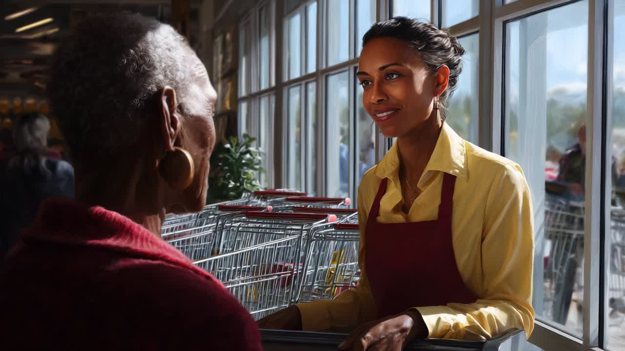 A Warm Interaction at the Grocery Store: A Friendly Cashier Engages with a Customer, Showcasing Excellent Customer Service and a Welcoming Atmosphere, Creating a Positive Shopping Experience