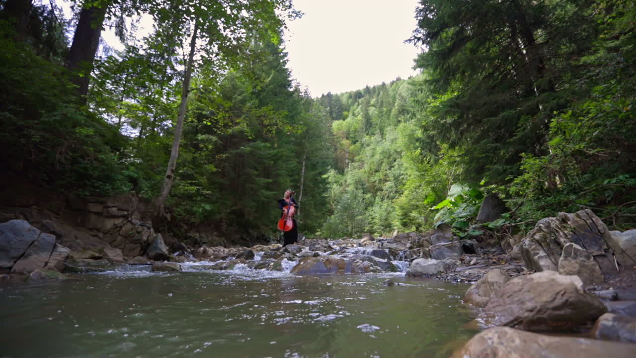 Woman violoncellist playing the cello. Beautiful girl plays the cello with passion in mountain