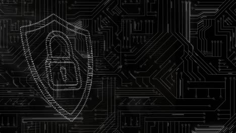 animation of online security padlock with data processing on circuit board