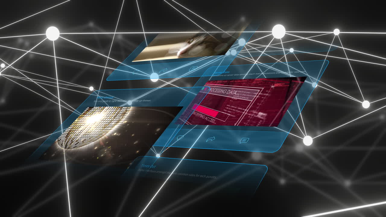 animación de la red de conexiones e iconos digitales en la pantalla sobre un fondo negro