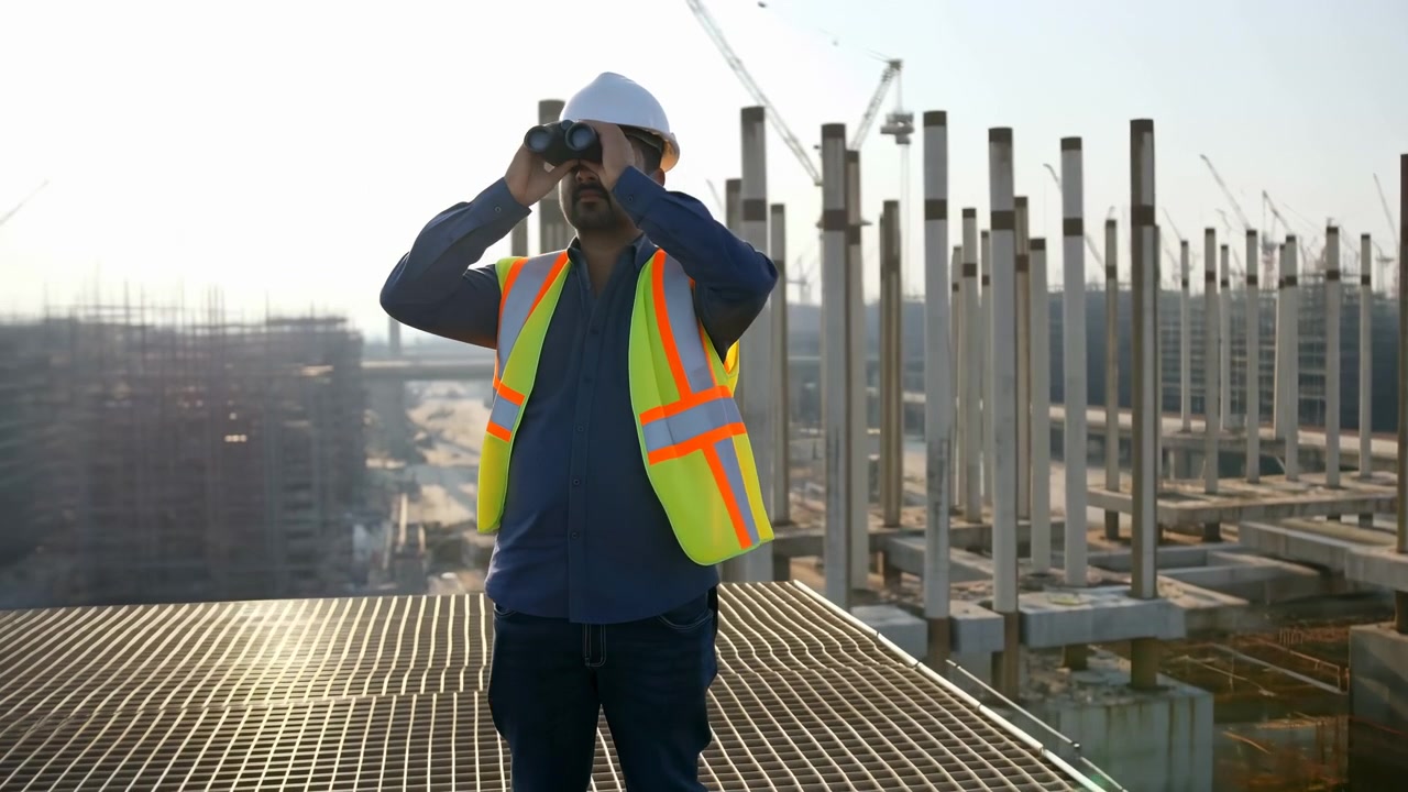 Mandlig byggeleder i hvid hjelm og neongul sikkerhedsvest scanner et aktivt udviklingsområde gennem kikkert fra et forhøjet stålgitter, med kraner, stilladser, betonsøjler og klar himmel.