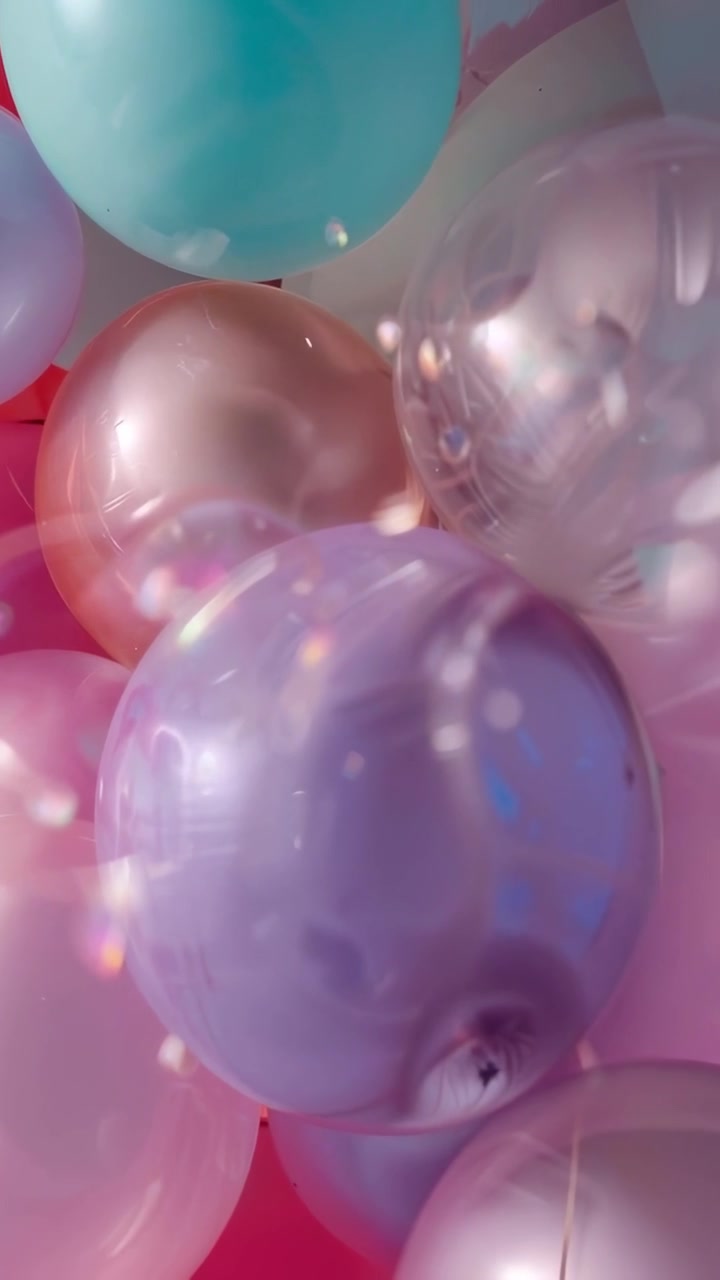 Video verticale: Telecamera che si muove fluidamente tra palloncini pastello in una stanza, mostrando una stella di alluminio e coriandoli.