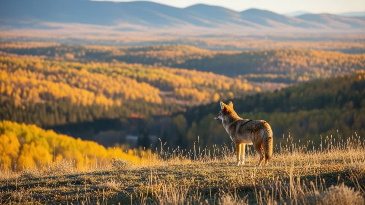 A solitary coyote gazes over a breathtaking autumn landscape, showcasing vibrant foliage and rolling hills under a clear sky during golden hour