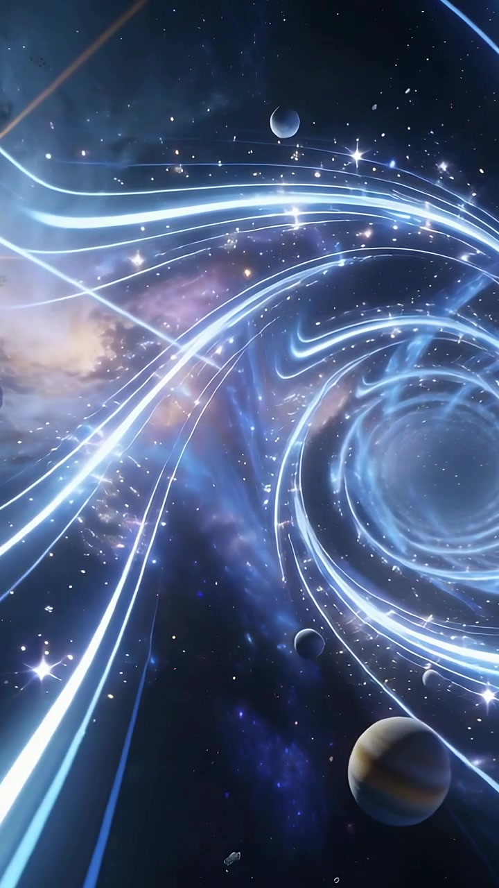 Video verticale: Nastri blu curvi che generano la crescita di un vortice nello spazio, attirando i pianeti verso l'interno.