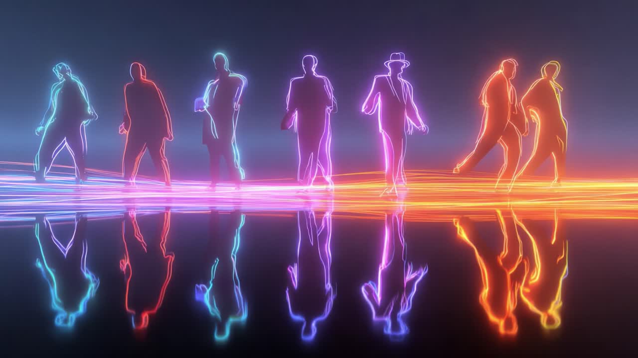 A mesmerizing display of illuminated silhouettes captures the essence of movement and rhythm, as colorful neon figures glide gracefully across a reflective surface, creating an ethereal ambiance filled with energy