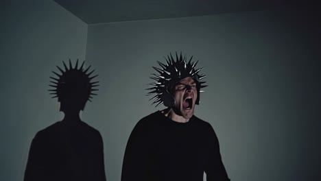 angry man in metal helmet
