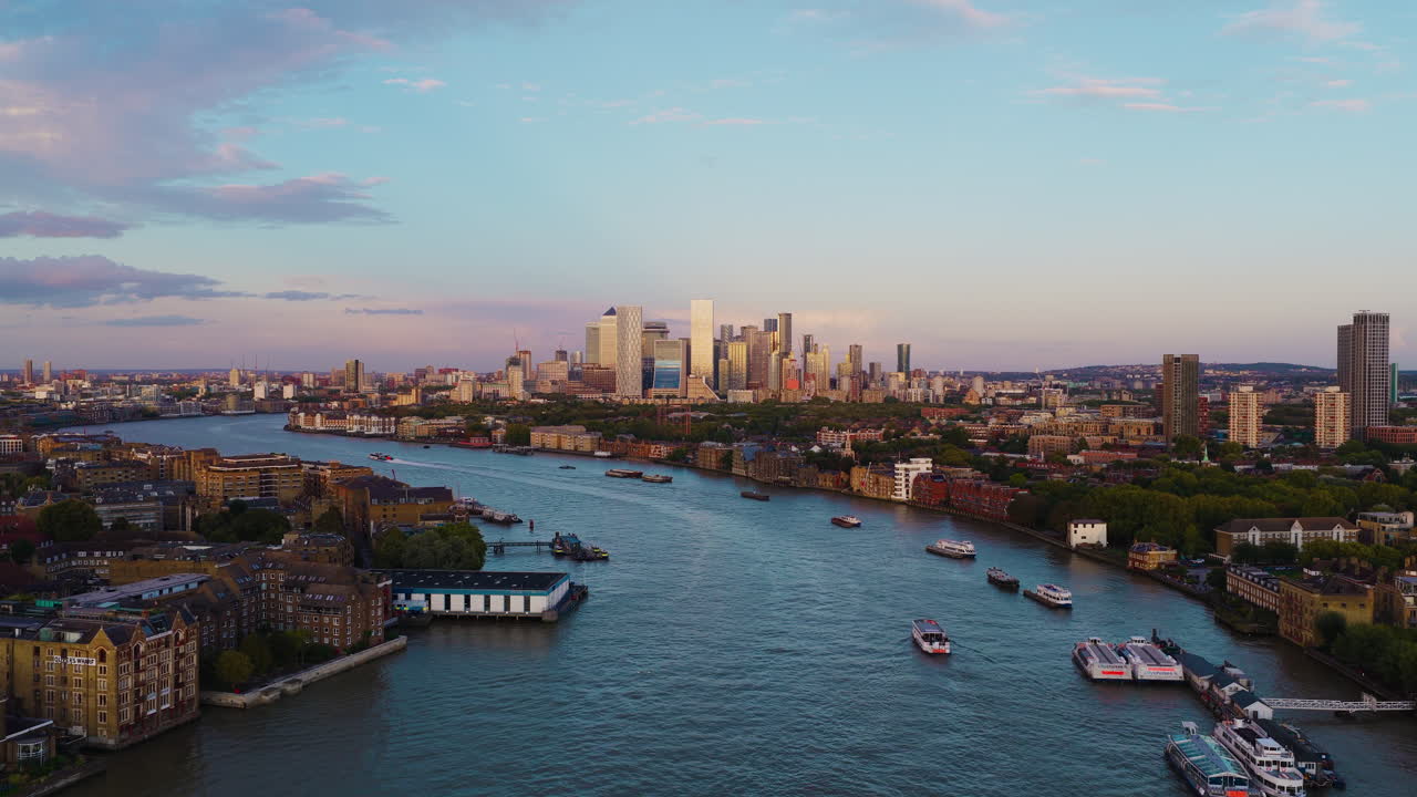 Aerial View of Canary Wharf and the Thames River
