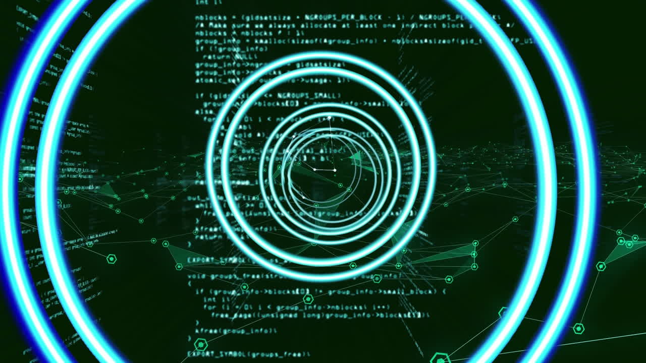 검은 바탕에 파란색 반 ⁇ 이는 원으로 정보를 표시하는 인터페이스의 애니메이션